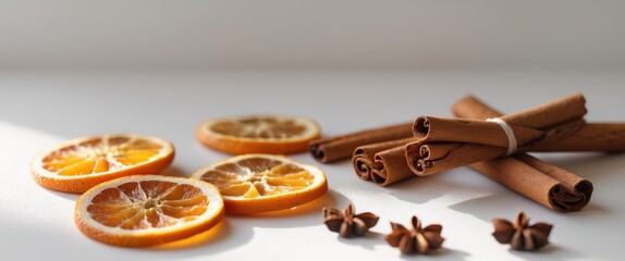 Fototapeta premium Dried Orange Slices and Cinnamon Sticks Aromatic Winter Spices