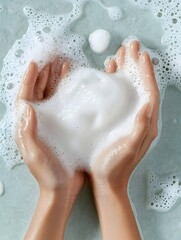 Fototapeta premium Hands applying foaming cleanser to acne-prone skin