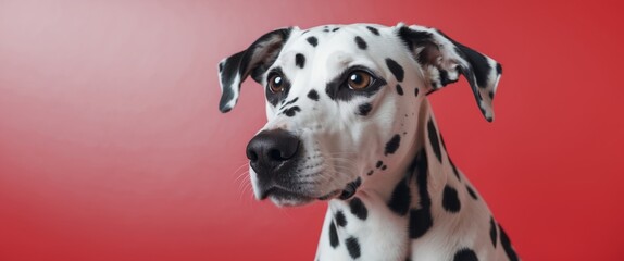 Cute Dalmatian Dog with Bright Red Background in Studio Setting.