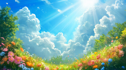 Fototapeta premium Sunlight streams down on a lively meadow bursting with various flowers under a bright blue sky