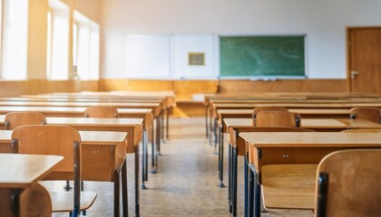 Empty Classroom. Vintage wooden Chairs and Desks, Back to school concept