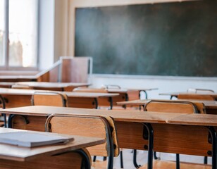 Empty Classroom. Vintage wooden Chairs and Desks, Back to school concept