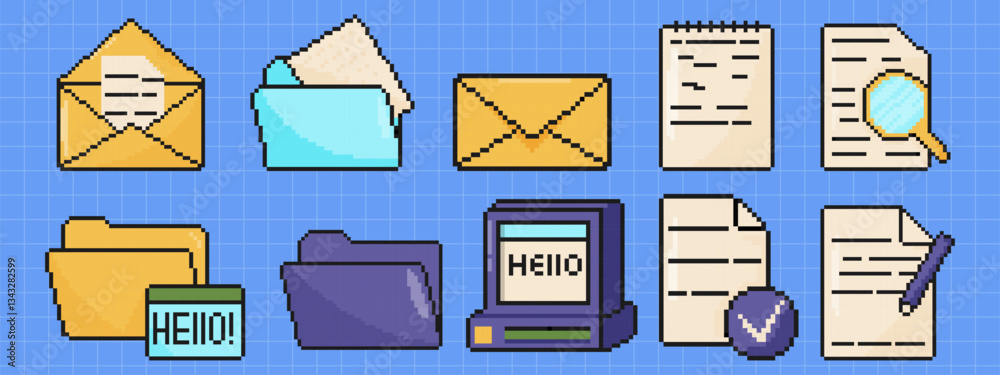 Fototapete file folders set. pixel art objects. old school 8 bit computer graphic style.