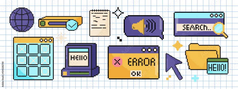 Poster y2k computer windows set. pixel art objects in 8 bit style. retro 80s, 90s video game graphics.