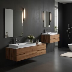 Contemporary bathroom interior featuring floating vanities, modern fixtures, and a sleek, minimalist design with warm wood tones a