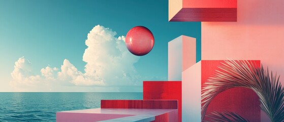 Surreal geometric landscape with vivid red structures by the sea.