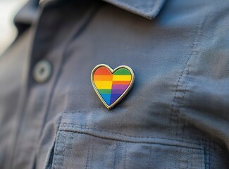 Wearing Rainbow Heart Pin Badge on Shirt Supporting Lgbt Community