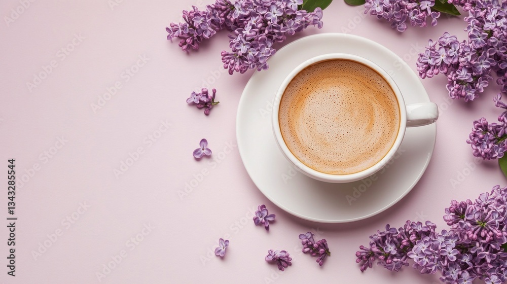 Poster a delicate white cup filled with rich coffee sits on a matching saucer surrounded by beautiful lilac