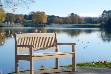 Fototapeta premium Serene Lakeside Wooden Bench Autumn Scenery Peaceful Relaxation