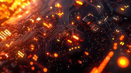 Obraz premium Glowing circuit board with orange light effects.