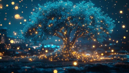 Magical Glowing Tree with Digital Energy Particles in a Dreamlike Fantasy Forest Landscape.