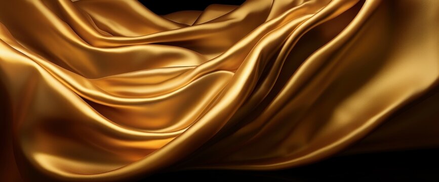 Elegant golden silk fabric with smooth waves and luxurious texture, ideal for backgrounds or fashion design.