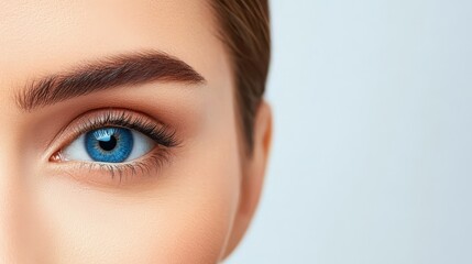 A close-up shot highlighting a woman's captivating bright blue eyes, full of depth and emotion.