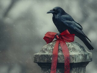 A dark crow clutching a red ribbon on an ancient gravestone in the rain