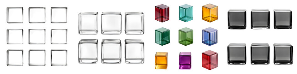 A grid like arrangement of transparent glass cubes in a variety of vibrant colors creating a visually striking and minimalist display