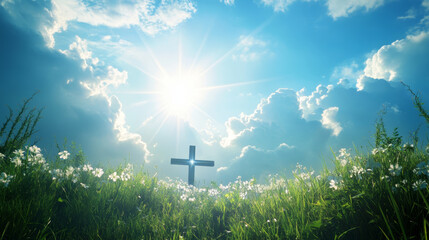 Beautiful meadow with a wooden cross under a bright sky filled with fluffy clouds and sunlight