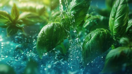 Fresh basil leaves being washed with water. (1)