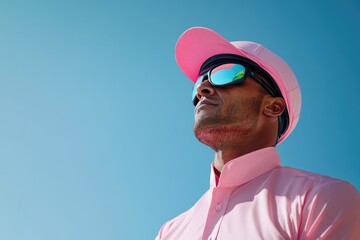 Confident jockey in vibrant pink attire gazes upward against bri