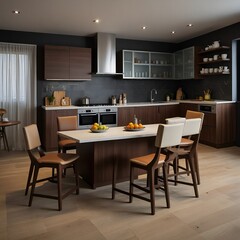 Fototapeta premium Modern kitchen interior with sleek cabinets, stainless steel appliances, and stylish dining area, creating a contemporary and invi