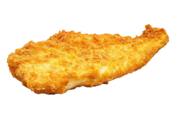 A golden-brown fried fish fillet with a crispy texture, showcasing its appetizing and delicious appearance, Transparent background.