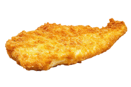 A golden-brown fried fish fillet with a crispy texture, showcasing its appetizing and delicious appearance, Transparent background.