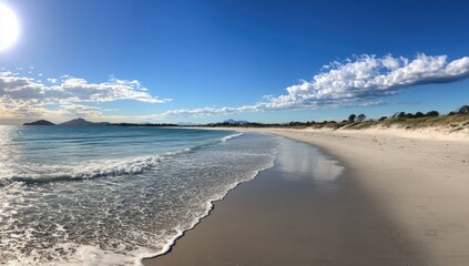 Sunny beach scene with calm waves