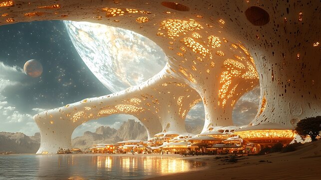 Futuristic desert marketplace with alien technology
