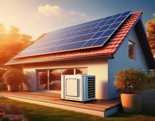 heat pump next to the house and solar panels on the roof the concept of an energy efficient home 3d illustration