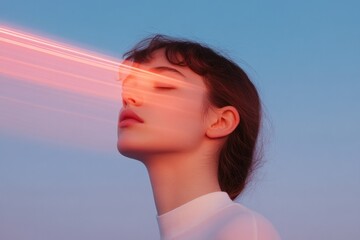 Ethereal portrait with vibrant light beams emerging from eyes, d