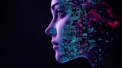 Obraz premium AI Fusion Futuristic Woman with Circuitry Overlay