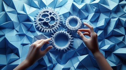 Hands adjusting interconnected gears on a blue geometric background.