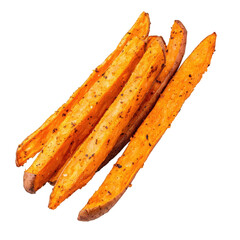Crispy sweet potato fries with a vibrant orange color and seasoned surface, showcasing a delicious and appealing texture, Transparent background.