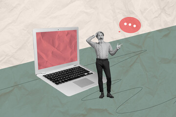 Art image full photo image collage of happy old man stand bubble communication icon laptop device...
