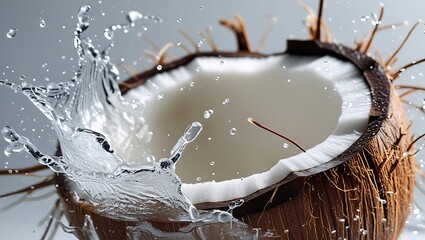 Refreshing Coconut Splash: A half-cut coconut with its milky interior is the focal point as water erupts in a dynamic splash, evoking freshness and tropical vibes.