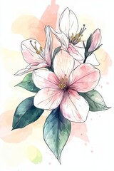 Delicate Line Art of Meadow Flowers with Peach Watercolour Background, Soft Lighting, Gentle Hues
