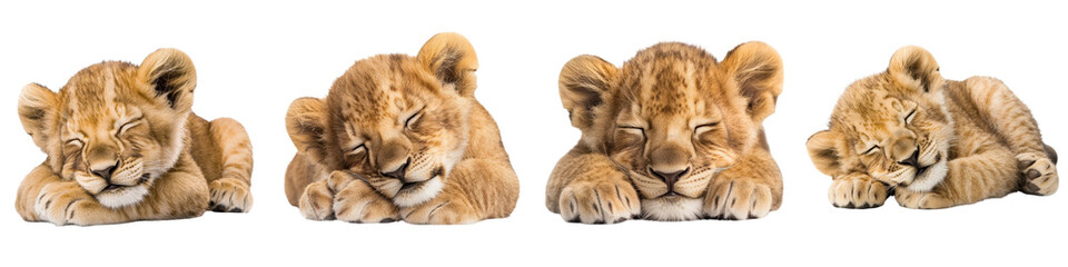 Fototapeta premium A group of young furry lion cubs resting peacefully and curled up together in a cozy natural setting