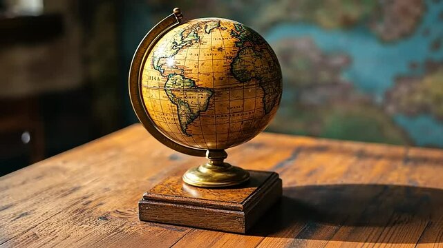 Antique globe on wooden table in a rustic room, showcasing world map details and vintage decor