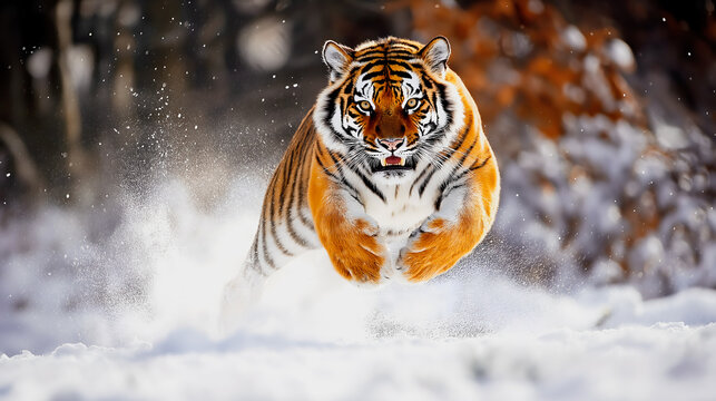 A tiger leaps through snow, kicking up powder, with a fierce expression in a winter forest setting.