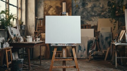 Blank canvas on easel in artist's studio, paintings in background