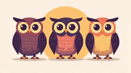 Fototapeta premium Cute Owls in a Row, Pastel Background