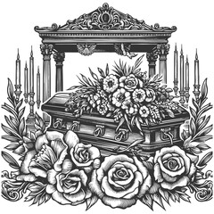 Fototapeta premium funeral scene featuring a coffin surrounded by flowers, candles, birds, and a cross sketch engraving generative ai vector illustration. Scratch board imitation. Black and white image.