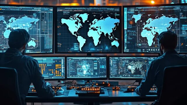 Cyber Command: Two figures are diligently monitoring a bank of computer screens displaying intricate world maps and real-time data, inside the cyber command center.