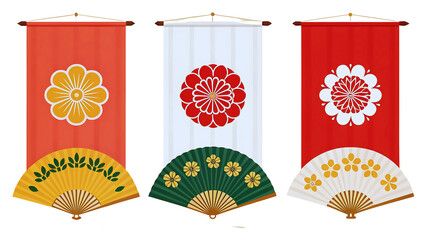 Japanese Floral Banners and Hand Fans Elegant Asian Design Elements