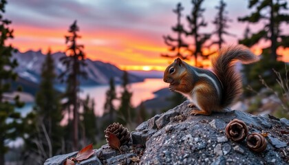 Obraz premium A tiny woodland creature enjoys a sunset meal atop a rocky outcrop, overlooking a serene lake and a majestic mountain range