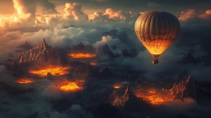 Obraz premium Hot air balloon soaring over fiery volcanic landscape.