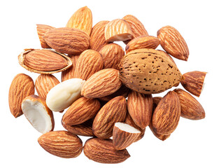 Pile of shelled almond nuts isolated on white background. File contains clipping path.