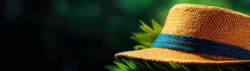 vibrant straw hat with blue band rests against lush green background, evoking tropical and relaxed vibe