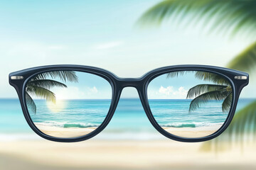 Experience tropical tranquility through clear glasses reflecting a serene beach landscape under the sunlit sky