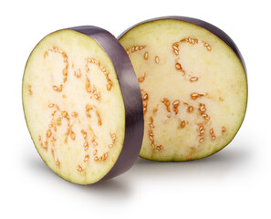 Two aubergine or eggplant cross slices isolated on white background. File contains clipping path.