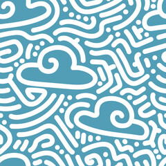 Cloud and doodle seamless pattern. White hand drawn doodle in light blue.